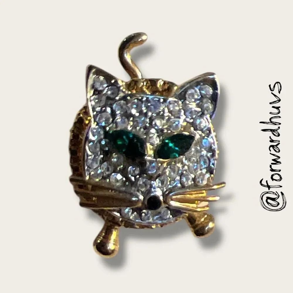 Vintage Gold Tone Cat Pin – Articulated Motion - Rhinestone Embellished